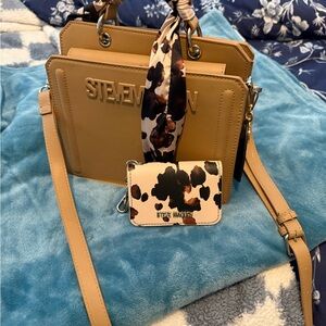 Steve Madden Tan Leather Shoulder Bag with Cow Print Cardholder